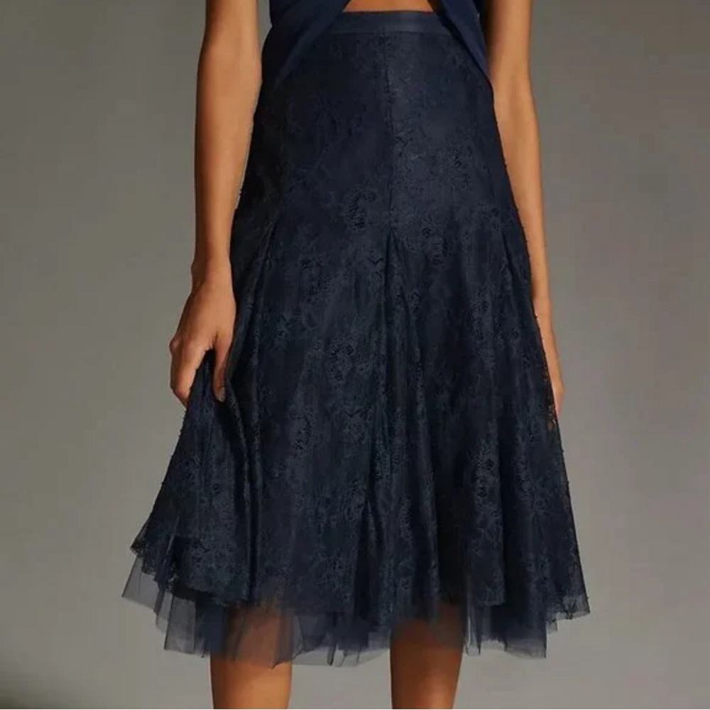 Anthropologie Navy Lace Midi Skirt NWOT XS